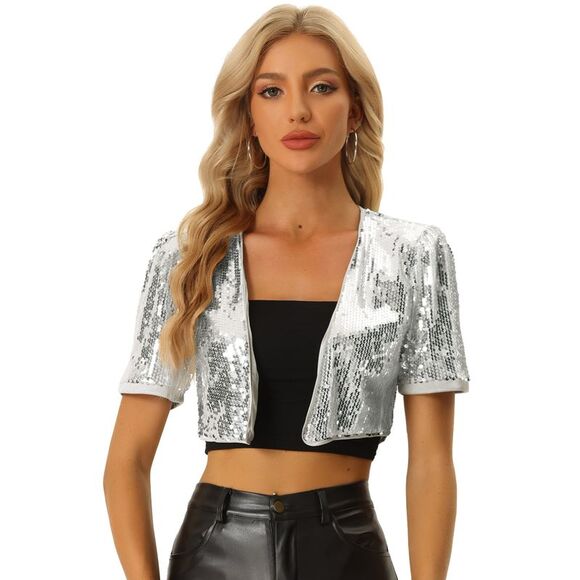 Sequin Shrug Puff Short Sleeve Open Front Glitter Cropped Jackets silver - Picture 1 of 5